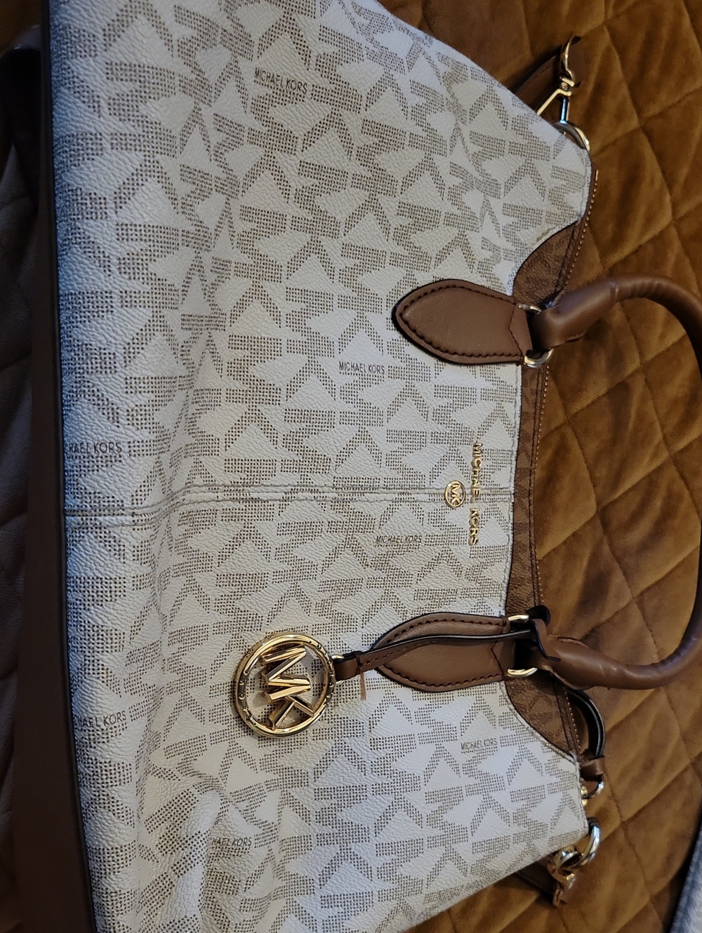 Michael Kors White and Brown Monogram Tote with Gold Hardware